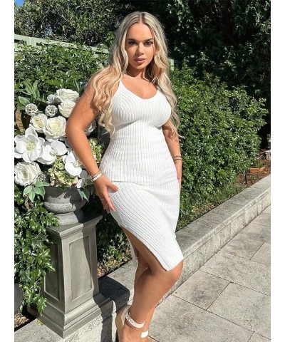 Women's Split Thigh V Neck Spaghetti Strap Ribbed Knit Bodycon Cami Dress White $7.79 Dresses