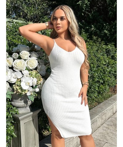 Women's Split Thigh V Neck Spaghetti Strap Ribbed Knit Bodycon Cami Dress White $7.79 Dresses