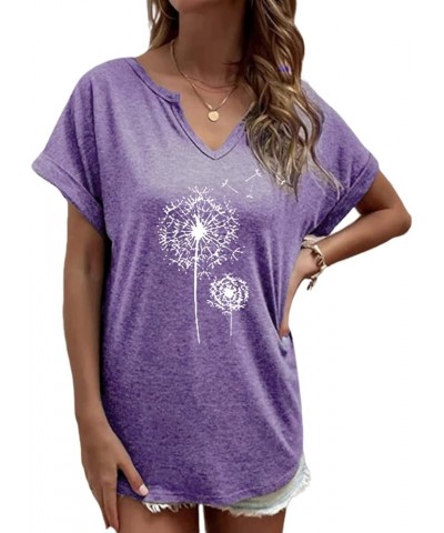 Women's T-Shirts V-Neck Dandelion Print Short Sleeve Casual Tee Tops Cute Graphic Shirts Solid Color Blouse Purple01 $10.79 T...