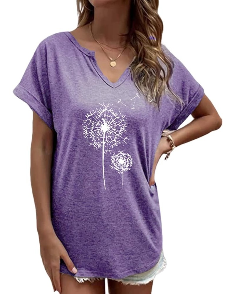 Women's T-Shirts V-Neck Dandelion Print Short Sleeve Casual Tee Tops Cute Graphic Shirts Solid Color Blouse Purple01 $10.79 T...