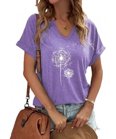 Women's T-Shirts V-Neck Dandelion Print Short Sleeve Casual Tee Tops Cute Graphic Shirts Solid Color Blouse Purple01 $10.79 T...