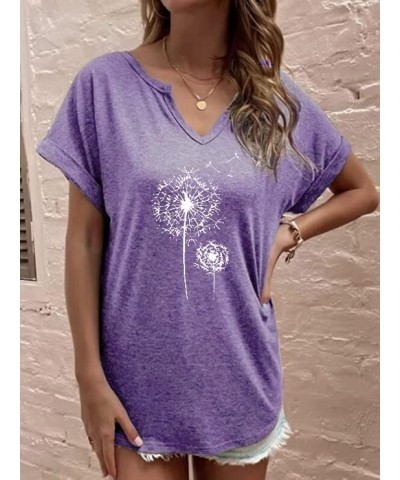 Women's T-Shirts V-Neck Dandelion Print Short Sleeve Casual Tee Tops Cute Graphic Shirts Solid Color Blouse Purple01 $10.79 T...