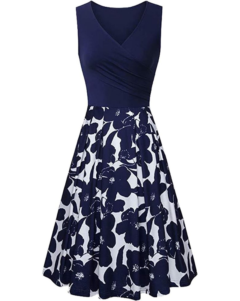 Womens Vintage Sleeveless Floral Print Skater Dress Swing Wrap V-Neck Dress Navy Blue Flower $11.04 Dresses