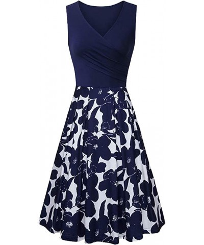 Womens Vintage Sleeveless Floral Print Skater Dress Swing Wrap V-Neck Dress Navy Blue Flower $11.04 Dresses