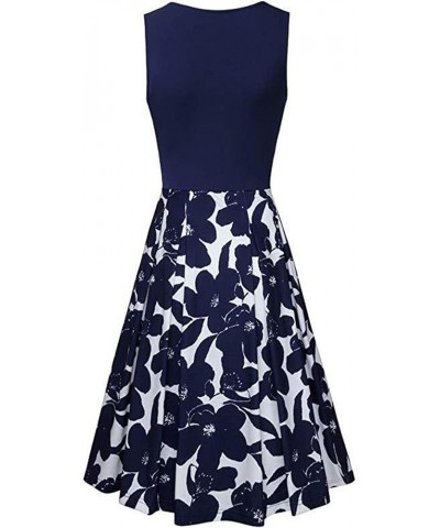 Womens Vintage Sleeveless Floral Print Skater Dress Swing Wrap V-Neck Dress Navy Blue Flower $11.04 Dresses