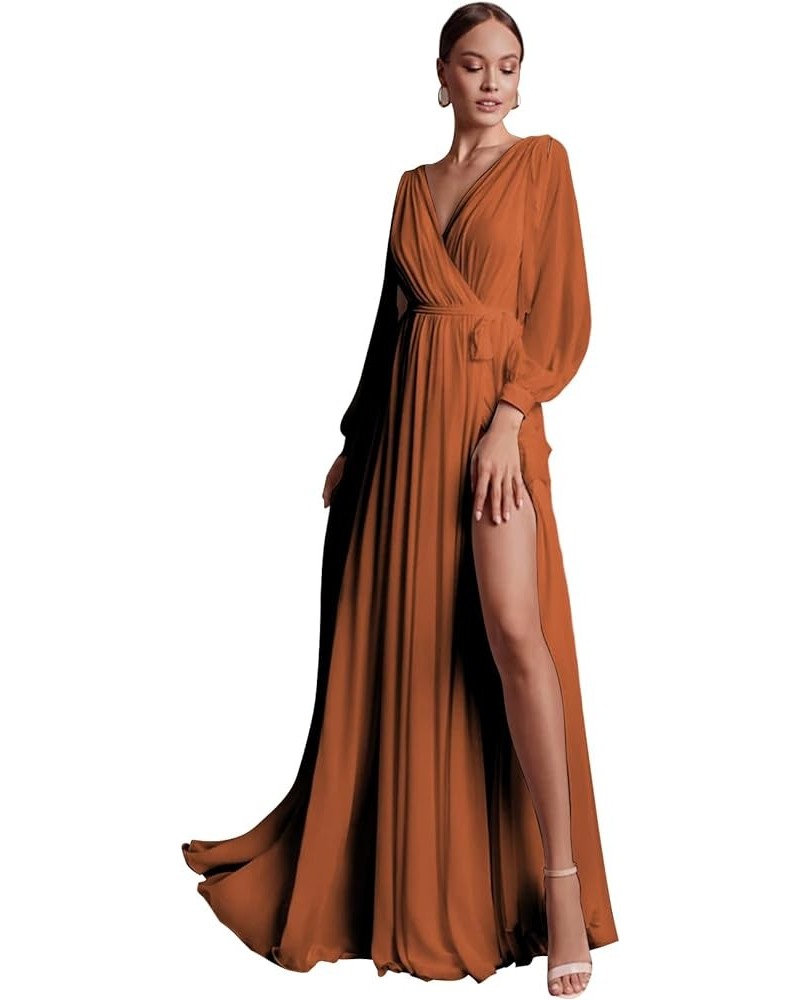 Chiffon Long Sleeve Bridesmaid Dresses for Women Double V Neck Ruched High Slit A-line Prom Dress with Sash Burnt Orange $25....