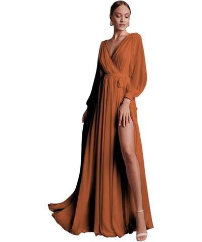 Chiffon Long Sleeve Bridesmaid Dresses for Women Double V Neck Ruched High Slit A-line Prom Dress with Sash Burnt Orange $25....