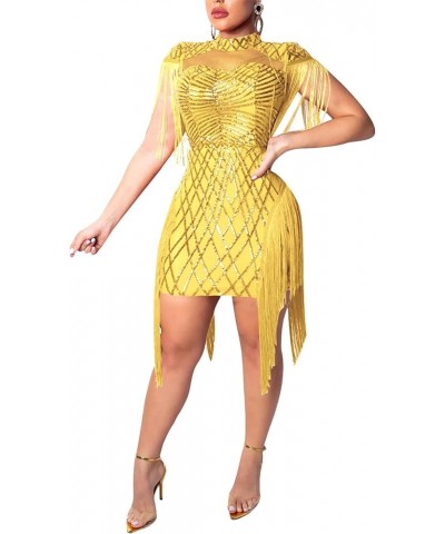 Sexy Bodycon Mini Dress - Women Sequins Tassels Mock Neck Party Club Pencil Dresses Birthday Yellow $17.84 Dresses