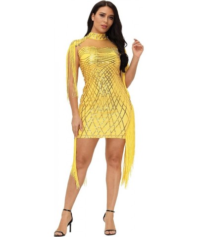 Sexy Bodycon Mini Dress - Women Sequins Tassels Mock Neck Party Club Pencil Dresses Birthday Yellow $17.84 Dresses