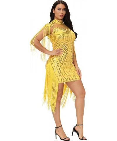 Sexy Bodycon Mini Dress - Women Sequins Tassels Mock Neck Party Club Pencil Dresses Birthday Yellow $17.84 Dresses