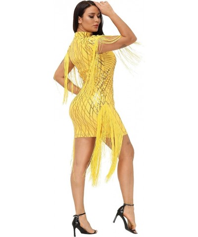 Sexy Bodycon Mini Dress - Women Sequins Tassels Mock Neck Party Club Pencil Dresses Birthday Yellow $17.84 Dresses