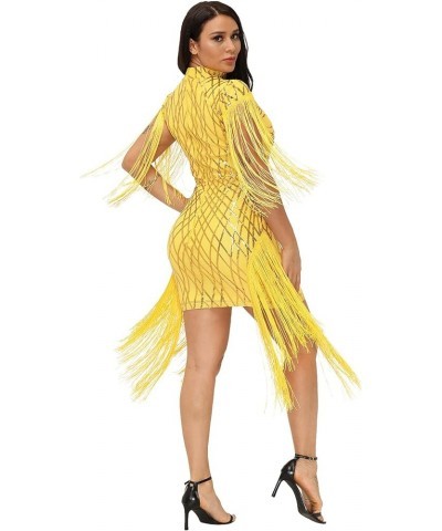 Sexy Bodycon Mini Dress - Women Sequins Tassels Mock Neck Party Club Pencil Dresses Birthday Yellow $17.84 Dresses