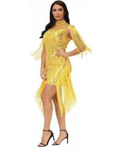 Sexy Bodycon Mini Dress - Women Sequins Tassels Mock Neck Party Club Pencil Dresses Birthday Yellow $17.84 Dresses