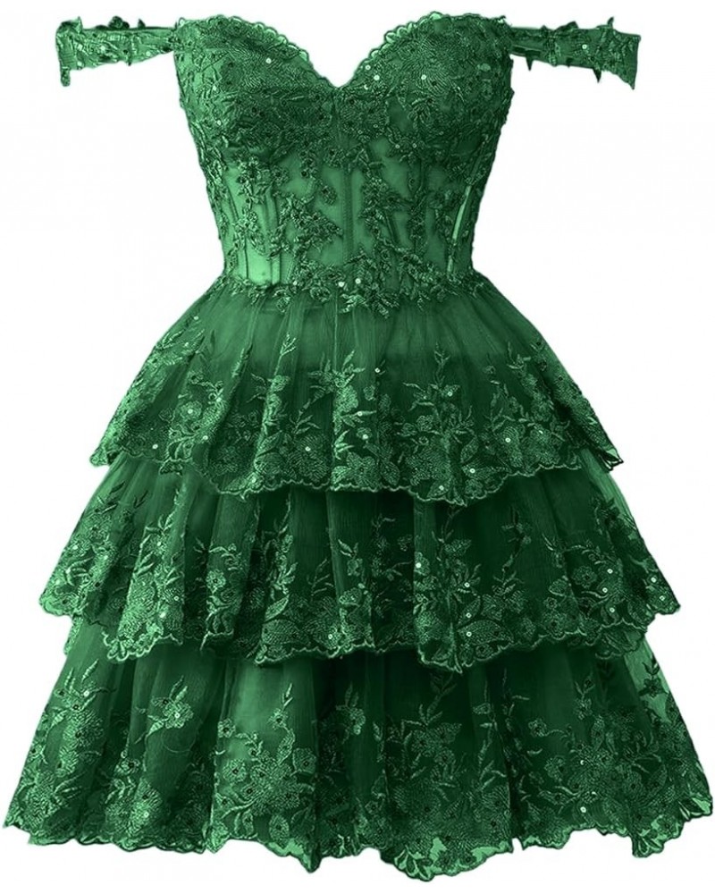 Off Shoulder Lace Sparkly Tulle Homecoming Dress Short 2024 Corset Tiered Formal Party Gown 01-emerald Green $35.09 Dresses