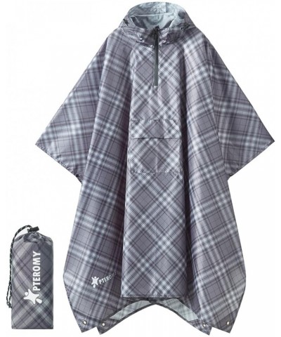 Hooded Rain Poncho for Adult with Pocket, Waterproof Lightweight Unisex Raincoat for Hiking Camping Emergency Grey Grid 1/4 Z...