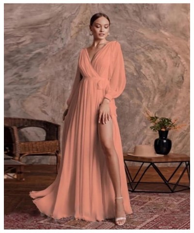 Chiffon Long Sleeve Bridesmaid Dresses for Women Double V Neck Ruched High Slit A-line Prom Dress with Sash Burnt Orange $25....