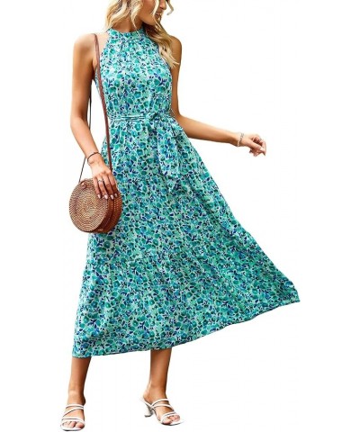 Women's Summer Floral Maxi Sun Dress Sleeveless Halter Neck Flowy Ruffle Hem Long Boho Dresses with Belt Floral Sky Blue $25....