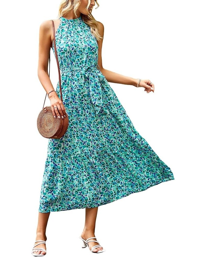 Women's Summer Floral Maxi Sun Dress Sleeveless Halter Neck Flowy Ruffle Hem Long Boho Dresses with Belt Floral Sky Blue $25....