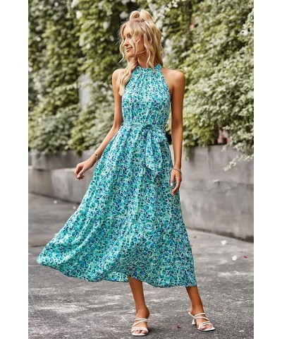 Women's Summer Floral Maxi Sun Dress Sleeveless Halter Neck Flowy Ruffle Hem Long Boho Dresses with Belt Floral Sky Blue $25....