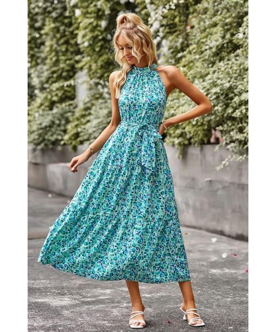 Women's Summer Floral Maxi Sun Dress Sleeveless Halter Neck Flowy Ruffle Hem Long Boho Dresses with Belt Floral Sky Blue $25....