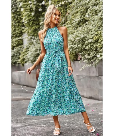 Women's Summer Floral Maxi Sun Dress Sleeveless Halter Neck Flowy Ruffle Hem Long Boho Dresses with Belt Floral Sky Blue $25....