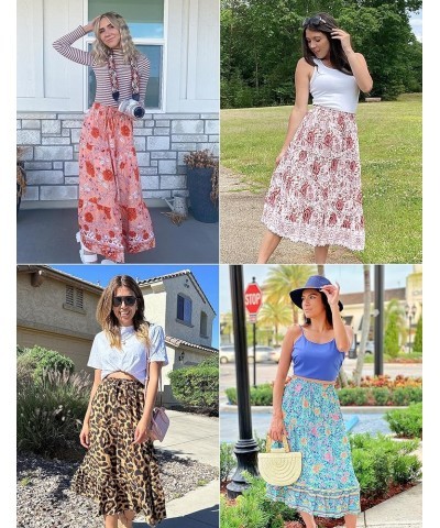 Women's Boho Floral Print Elastic High Waist Pleated A Line Midi Skirt Dotivory $21.56 Skirts