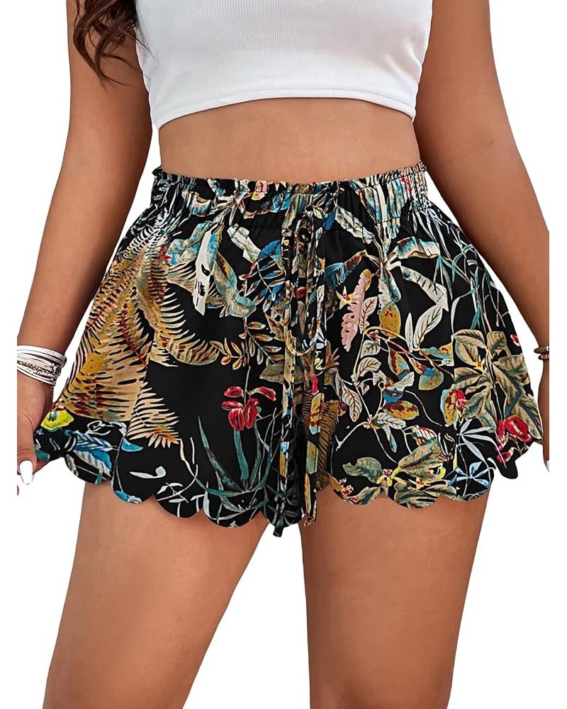 Women's Plus Size Tropical Print Knot Front Wide Leg Boho Shorts Black Tropical $14.15 Shorts