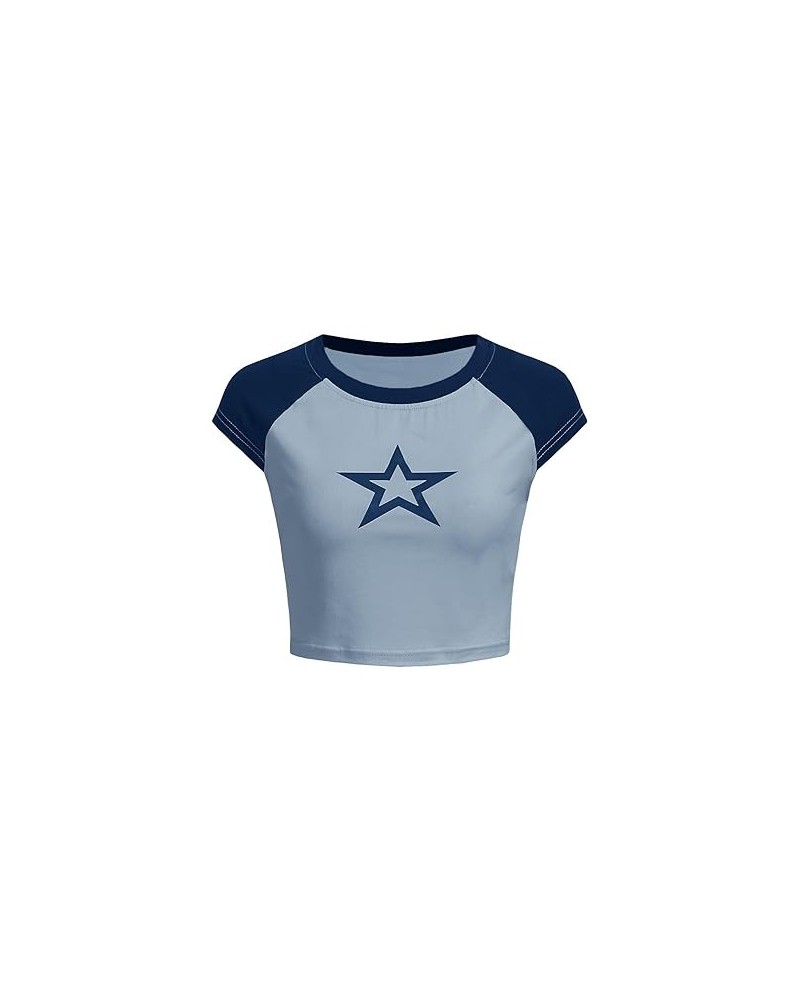 Women's Star Print Color Block Crop Tee Top Slim Fit Short Sleeve T Shirt Black and White XS Medium Blue $12.41 T-Shirts