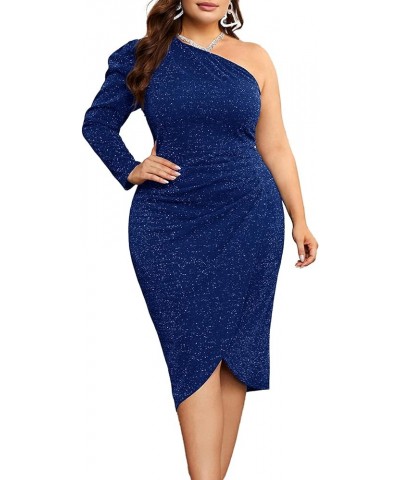 Women's Plus Size One Shoulder Ruched Wrap Cocktail Party Glitter Midi Dress Long Sleeve Royal Blue $19.68 Dresses