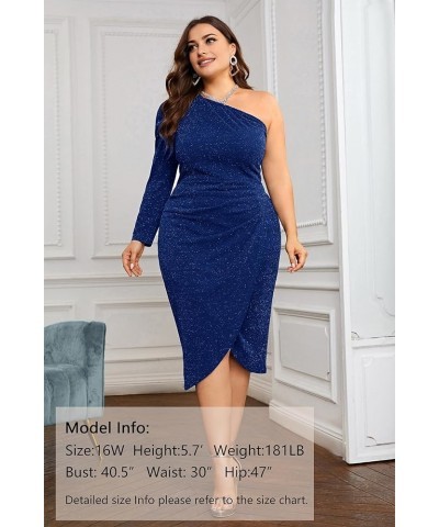 Women's Plus Size One Shoulder Ruched Wrap Cocktail Party Glitter Midi Dress Long Sleeve Royal Blue $19.68 Dresses