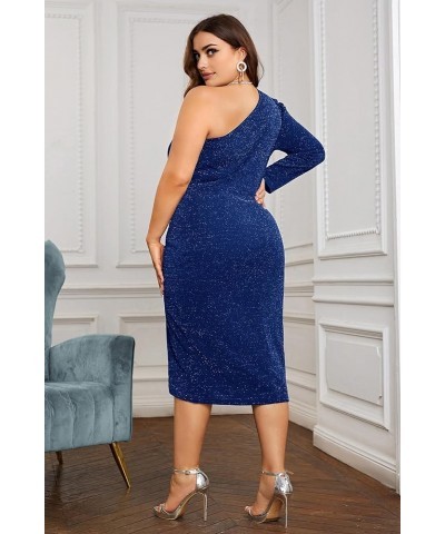 Women's Plus Size One Shoulder Ruched Wrap Cocktail Party Glitter Midi Dress Long Sleeve Royal Blue $19.68 Dresses