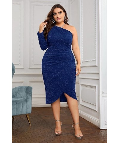 Women's Plus Size One Shoulder Ruched Wrap Cocktail Party Glitter Midi Dress Long Sleeve Royal Blue $19.68 Dresses