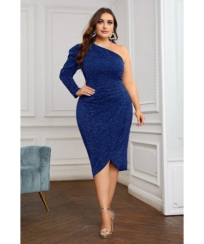 Women's Plus Size One Shoulder Ruched Wrap Cocktail Party Glitter Midi Dress Long Sleeve Royal Blue $19.68 Dresses