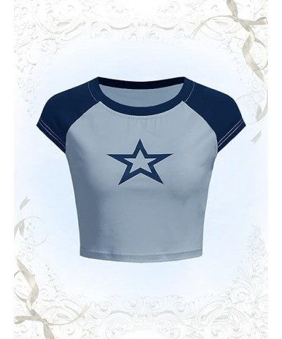 Women's Star Print Color Block Crop Tee Top Slim Fit Short Sleeve T Shirt Black and White XS Medium Blue $12.41 T-Shirts