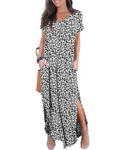 Women's Casual Loose Pocket Long Dress Short Sleeve Split Maxi Dresses 26 Fp Leopard White $13.44 Dresses