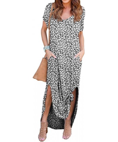 Women's Casual Loose Pocket Long Dress Short Sleeve Split Maxi Dresses 26 Fp Leopard White $13.44 Dresses