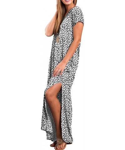 Women's Casual Loose Pocket Long Dress Short Sleeve Split Maxi Dresses 26 Fp Leopard White $13.44 Dresses