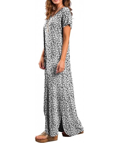 Women's Casual Loose Pocket Long Dress Short Sleeve Split Maxi Dresses 26 Fp Leopard White $13.44 Dresses