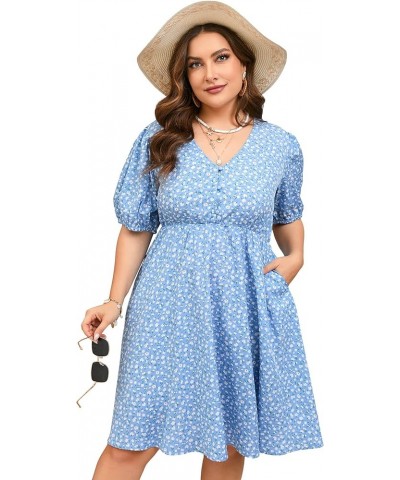 Plus Size Summer Dress Womens Plus Size V Neck Floral Dress Puff Sleeve Flowy Dress with Pockets Blue Flower $17.81 Dresses