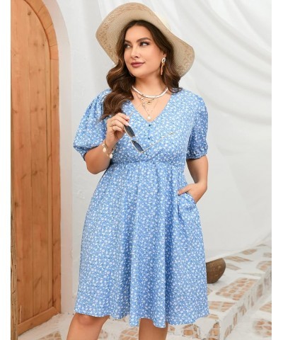 Plus Size Summer Dress Womens Plus Size V Neck Floral Dress Puff Sleeve Flowy Dress with Pockets Blue Flower $17.81 Dresses