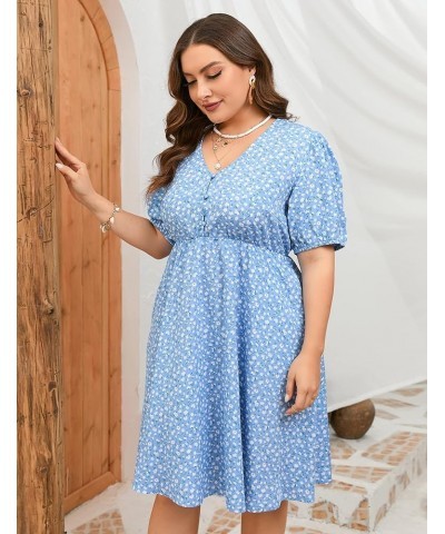 Plus Size Summer Dress Womens Plus Size V Neck Floral Dress Puff Sleeve Flowy Dress with Pockets Blue Flower $17.81 Dresses