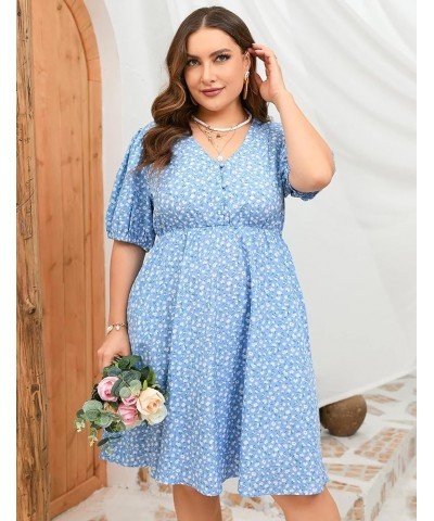 Plus Size Summer Dress Womens Plus Size V Neck Floral Dress Puff Sleeve Flowy Dress with Pockets Blue Flower $17.81 Dresses