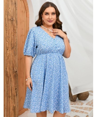 Plus Size Summer Dress Womens Plus Size V Neck Floral Dress Puff Sleeve Flowy Dress with Pockets Blue Flower $17.81 Dresses