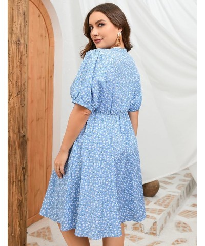 Plus Size Summer Dress Womens Plus Size V Neck Floral Dress Puff Sleeve Flowy Dress with Pockets Blue Flower $17.81 Dresses