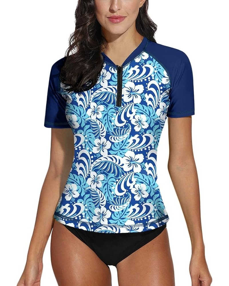 Women UPF 50+ Half Zip Short Sleeve Tropical Rash Guard Shirt Blue | Floral Leaves $14.28 Swimsuits