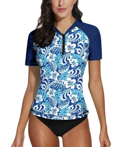 Women UPF 50+ Half Zip Short Sleeve Tropical Rash Guard Shirt Blue | Floral Leaves $14.28 Swimsuits