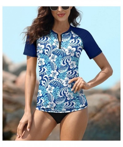 Women UPF 50+ Half Zip Short Sleeve Tropical Rash Guard Shirt Blue | Floral Leaves $14.28 Swimsuits