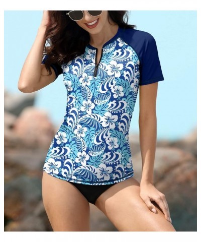 Women UPF 50+ Half Zip Short Sleeve Tropical Rash Guard Shirt Blue | Floral Leaves $14.28 Swimsuits