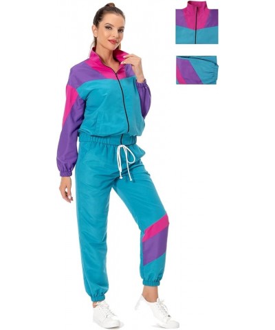 Women 80s Sportswear Set 2 Piece Outfits Casual Sweatsuits Retro Vintage Purple Tracksuit Cyan & Purple $27.83 Activewear