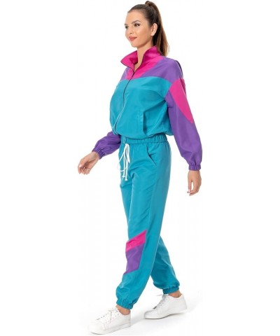 Women 80s Sportswear Set 2 Piece Outfits Casual Sweatsuits Retro Vintage Purple Tracksuit Cyan & Purple $27.83 Activewear